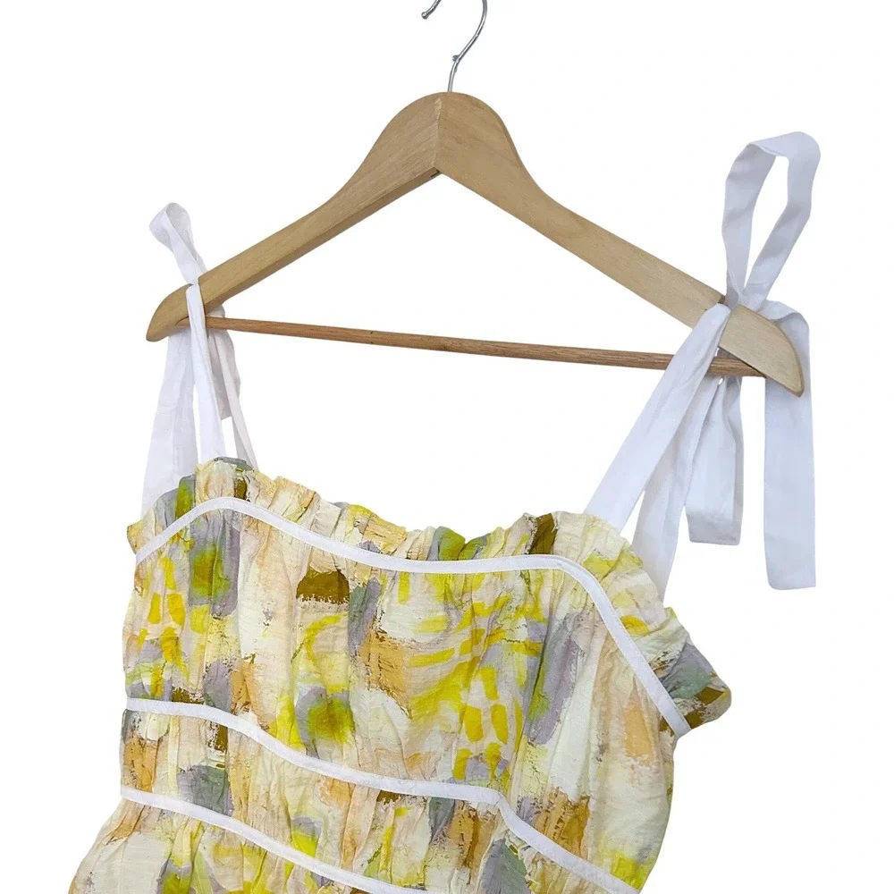 En Saison Torrey Shirred Top Yellow Abstract Tie Strap Peplum Tank Large NWT - Picture 7 of 10